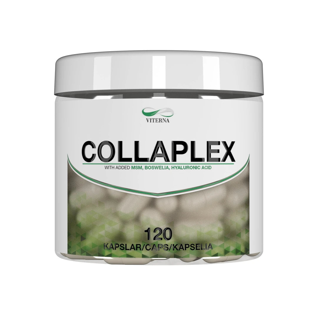 Viterna Collaplex 120 caps -kollageenilisä valkoisessa purkissa, jossa on vihreitä yksityiskohtia ja näkyviä kapseleita.