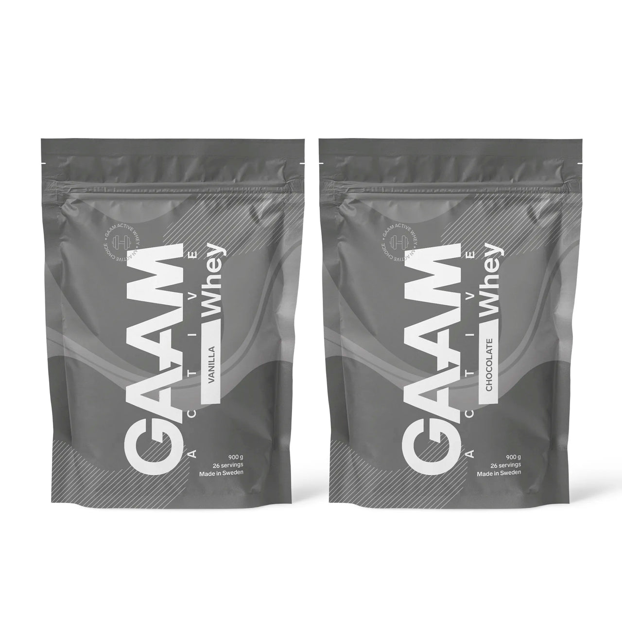 2 x GAAM Active Whey -proteiinijauhe 900 g kahdessa harmaassa pussissa valkoisella tekstillä, makuina Vanilla ja Chocolate.