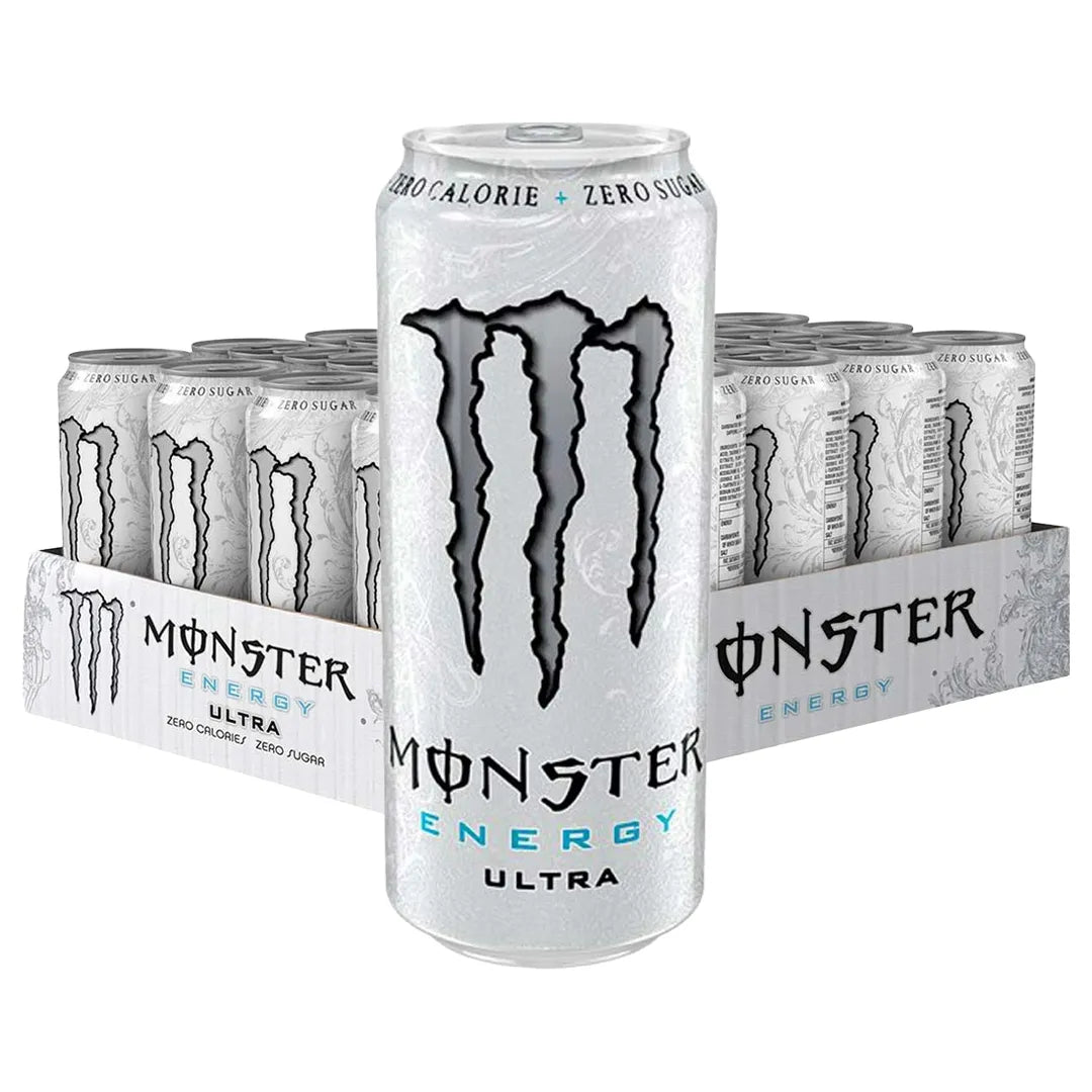 24 x Monster Energy 500 ml Ultra White (sockerfri) harmaassa laatikossa, jossa on valkoisia tölkkejä tunnetulla mustalla m-logolla.