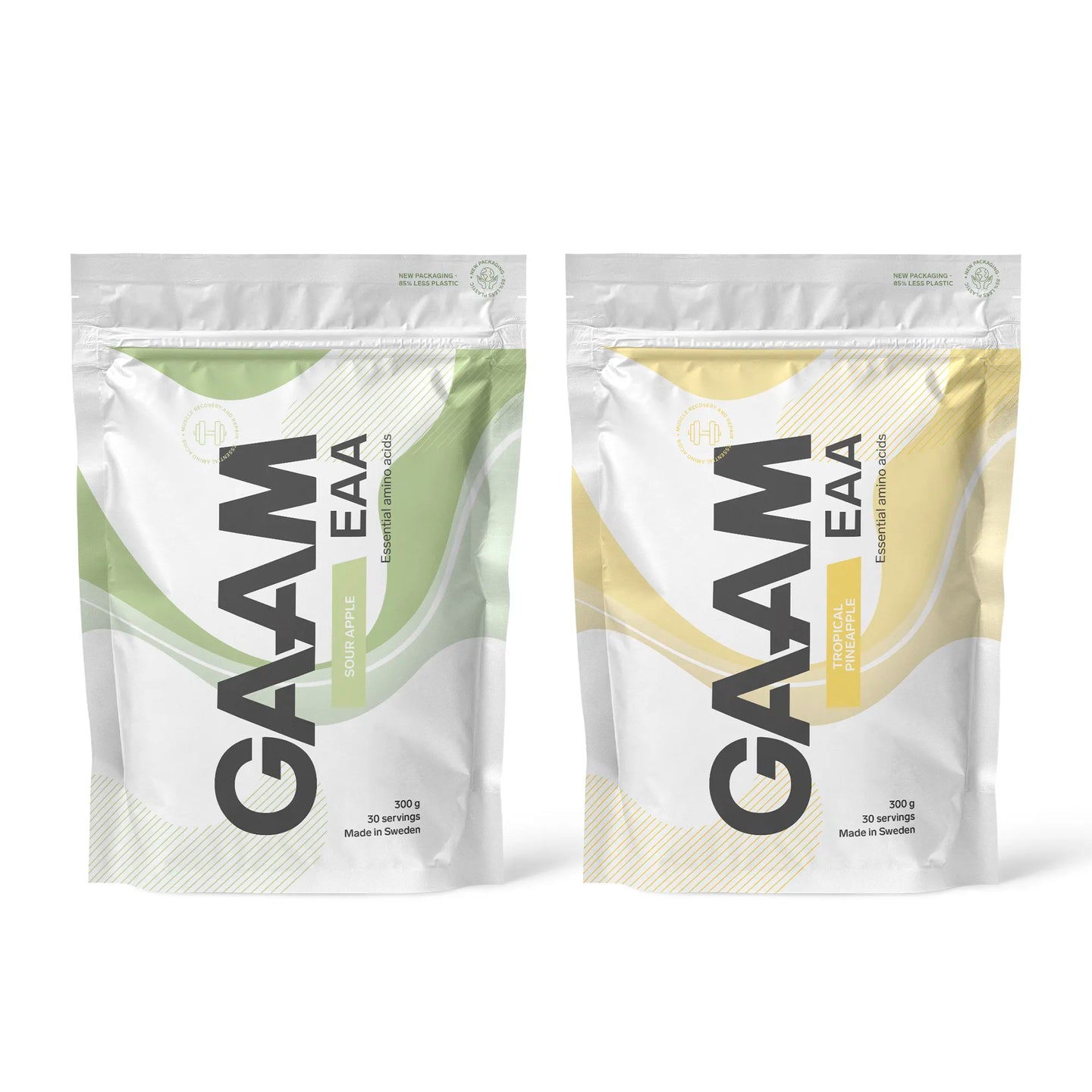 2 x GAAM EAA 300 g valkoisissa pusseissa vihreillä ja keltaisilla sävyillä, makuina Sour Apple ja Tropical Pineapple.