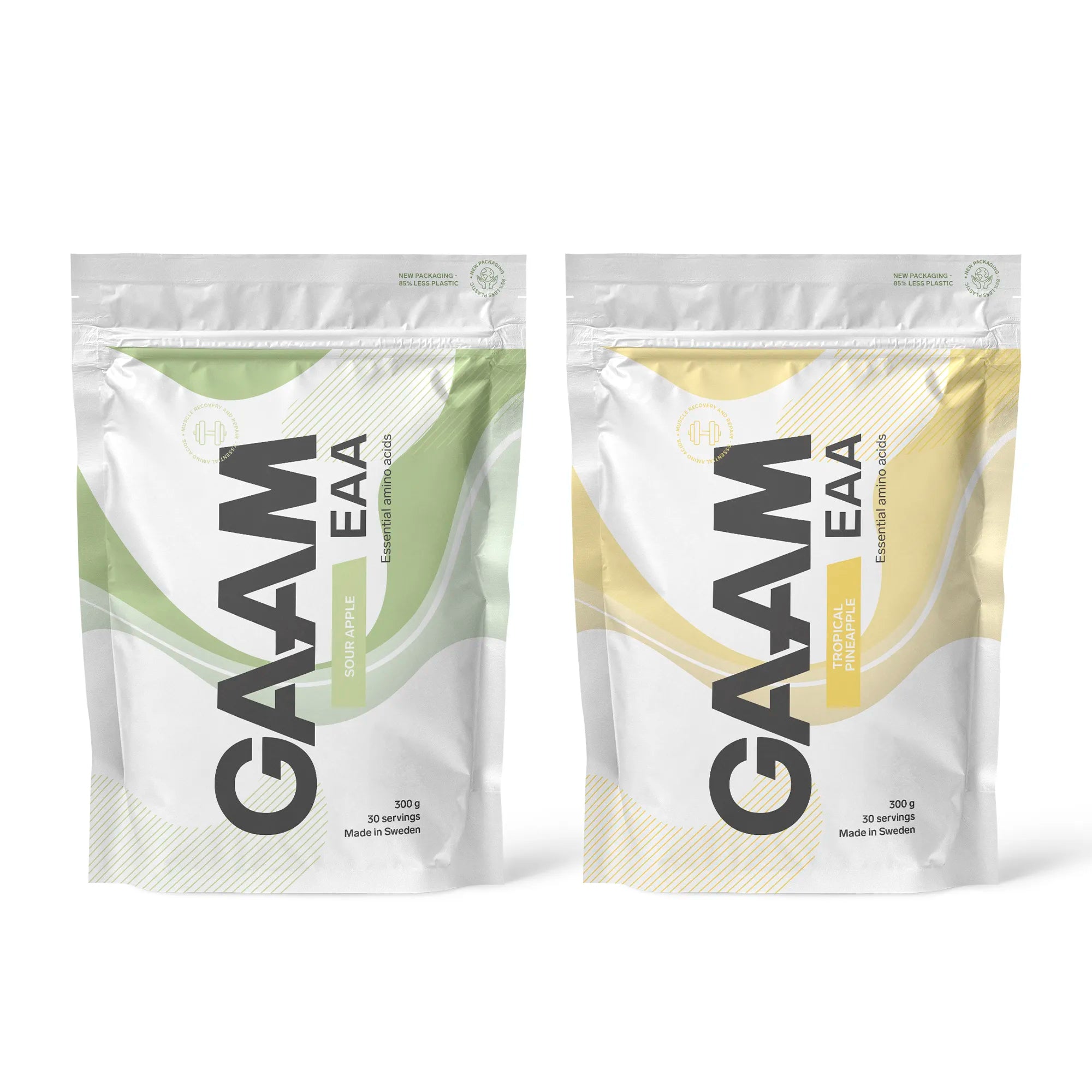 2 x GAAM EAA 300 g valkoisissa pusseissa vihreillä ja keltaisilla sävyillä, makuina Sour Apple ja Tropical Pineapple.