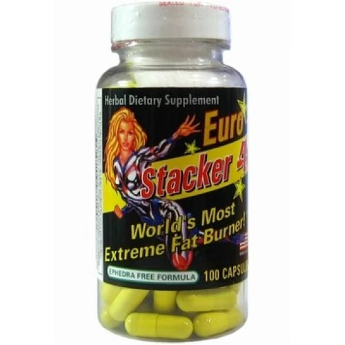 Stacker2 Stacker 4 100 caps -rasvanpolttaja läpinäkyvässä muovipurkissa, jossa on musta etiketti ja näkyviä keltaisia kapseleita.
