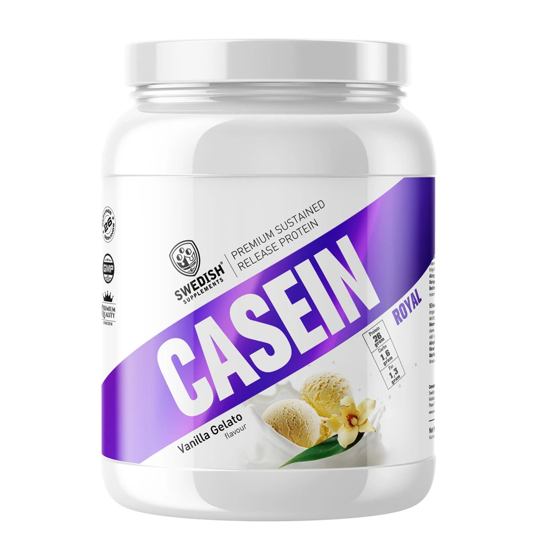 Swedish Supplements Slow Casein 900 g -kaseiiniproteiini valkoisessa purkissa liloilla yksityiskohdilla, makuna Vanilla Gelato Cream.