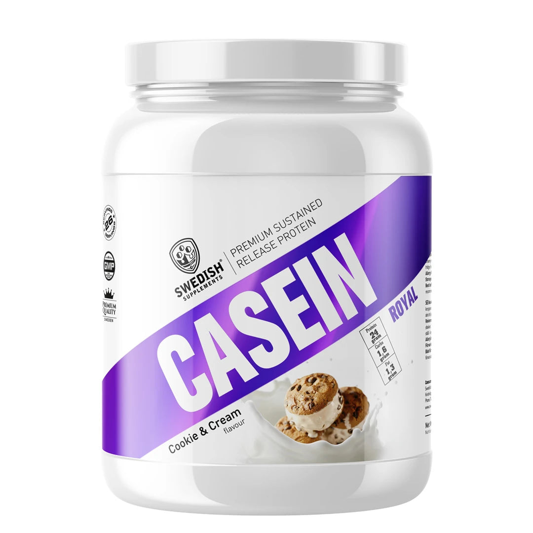 Swedish Supplements Slow Casein 900 g -kaseiiniproteiini valkoisessa purkissa violetein yksityiskohdin, makuna Cookies &amp; Cream., kuva 3/3
