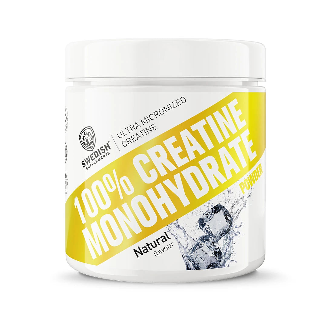 Swedish Supplements Creatine Monohydrate 250 g valkoisessa purkissa keltaisilla yksityiskohdilla, makuna Naturell.