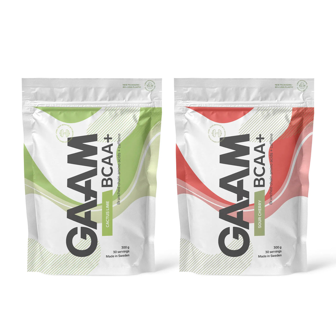 2 x GAAM BCAA + Caffeine 300 g valkoisissa pusseissa vihrein ja punaisin yksityiskohdin, makuina Cactus Lime ja Sour Cherry.