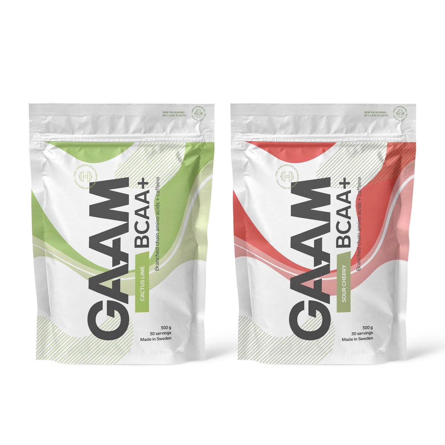2 x GAAM BCAA + Caffeine 300 g valkoisissa pusseissa vihrein ja punaisin yksityiskohdin, makuina Cactus Lime ja Sour Cherry.