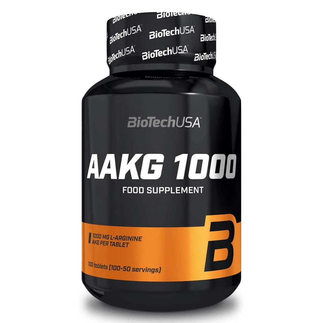 BioTechUSA AAKG 1000 100 tabs -ravintolisä mustassa purkissa oransseilla yksityiskohdilla.