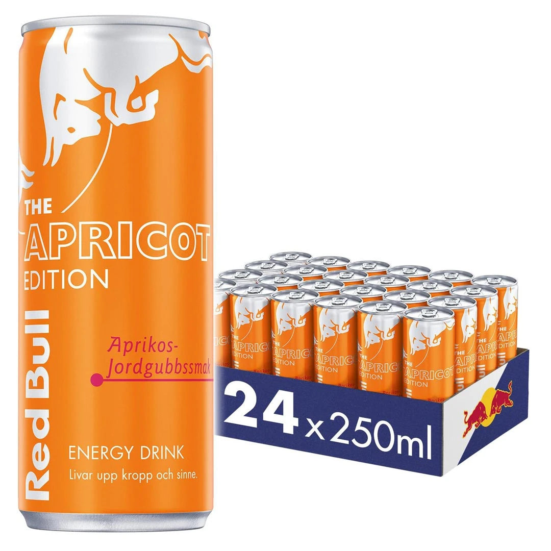 24 x Red Bull energiajuoma 250 ml Apricot Edition aprikoosi-mansikka tummansinisessä laatikossa oransseilla tölkeillä.