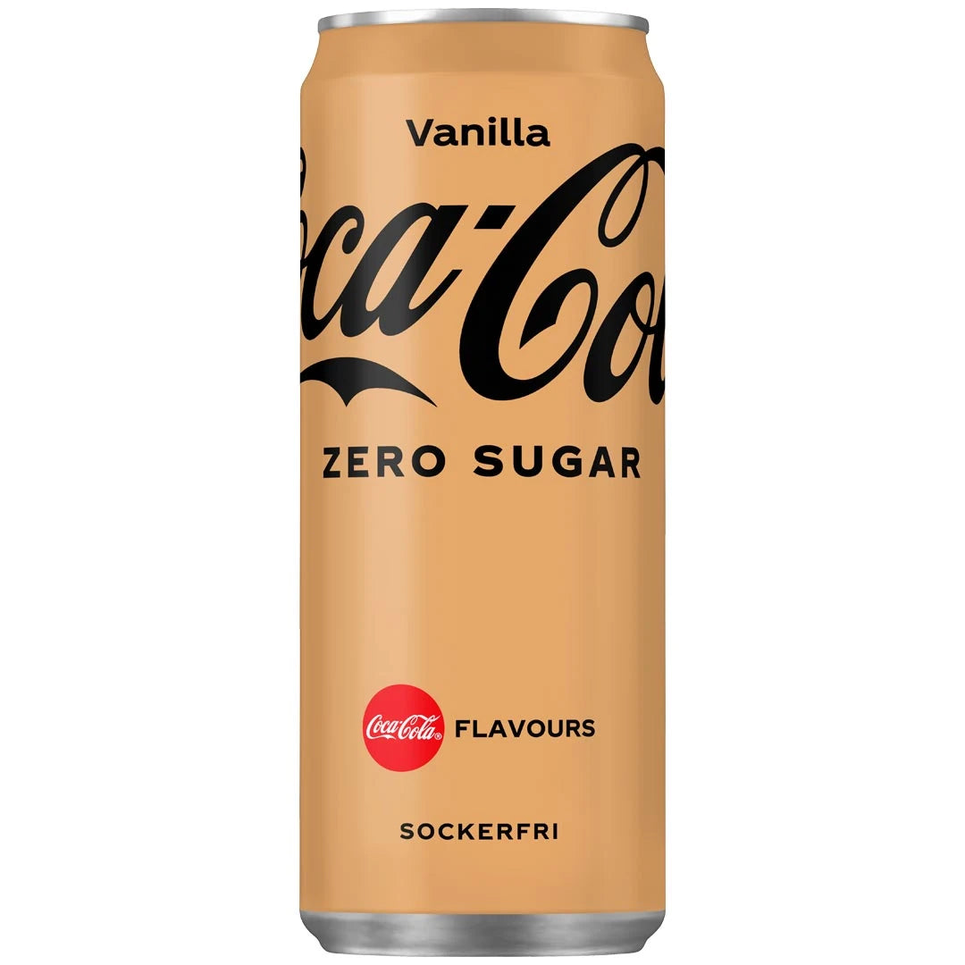 Vaaleanruskea Coca-Cola Zero 330 ml -tölkki makuna Vanilla.