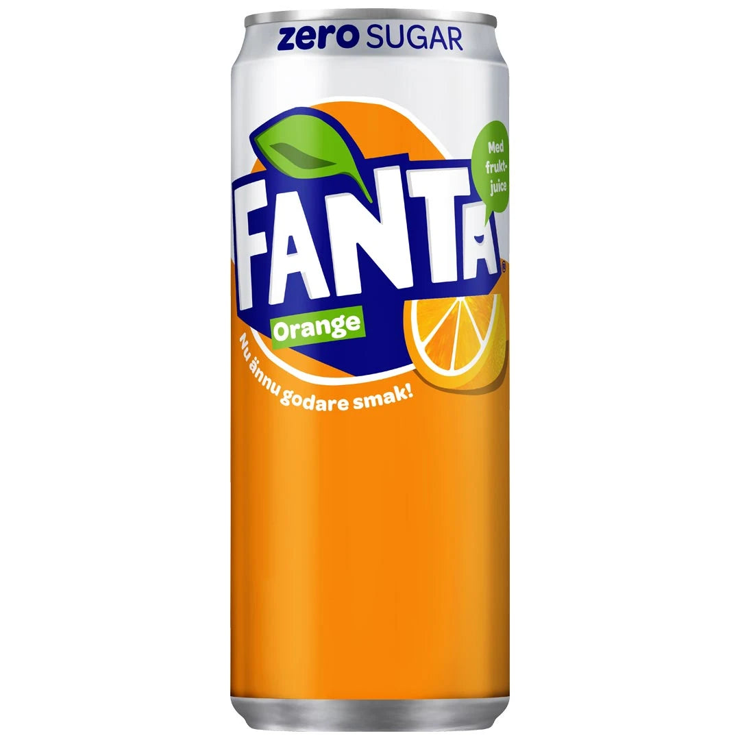 En orange burk med Fanta Zero 330 ml kolsyrad dryck i smaken Orange.