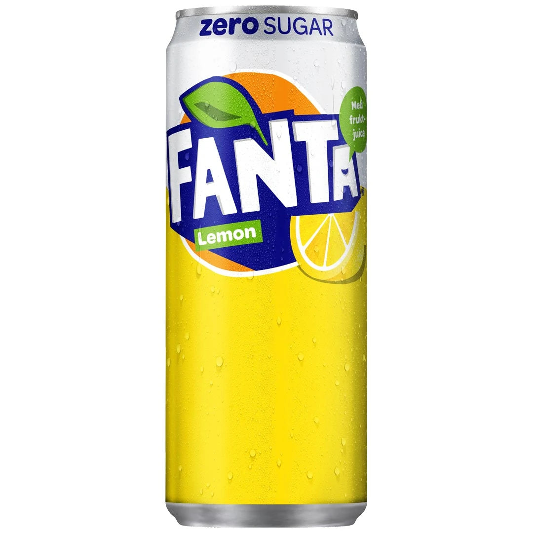 Fanta Zero 330 ml i en gul aluminiumburk med smaken Lemon.