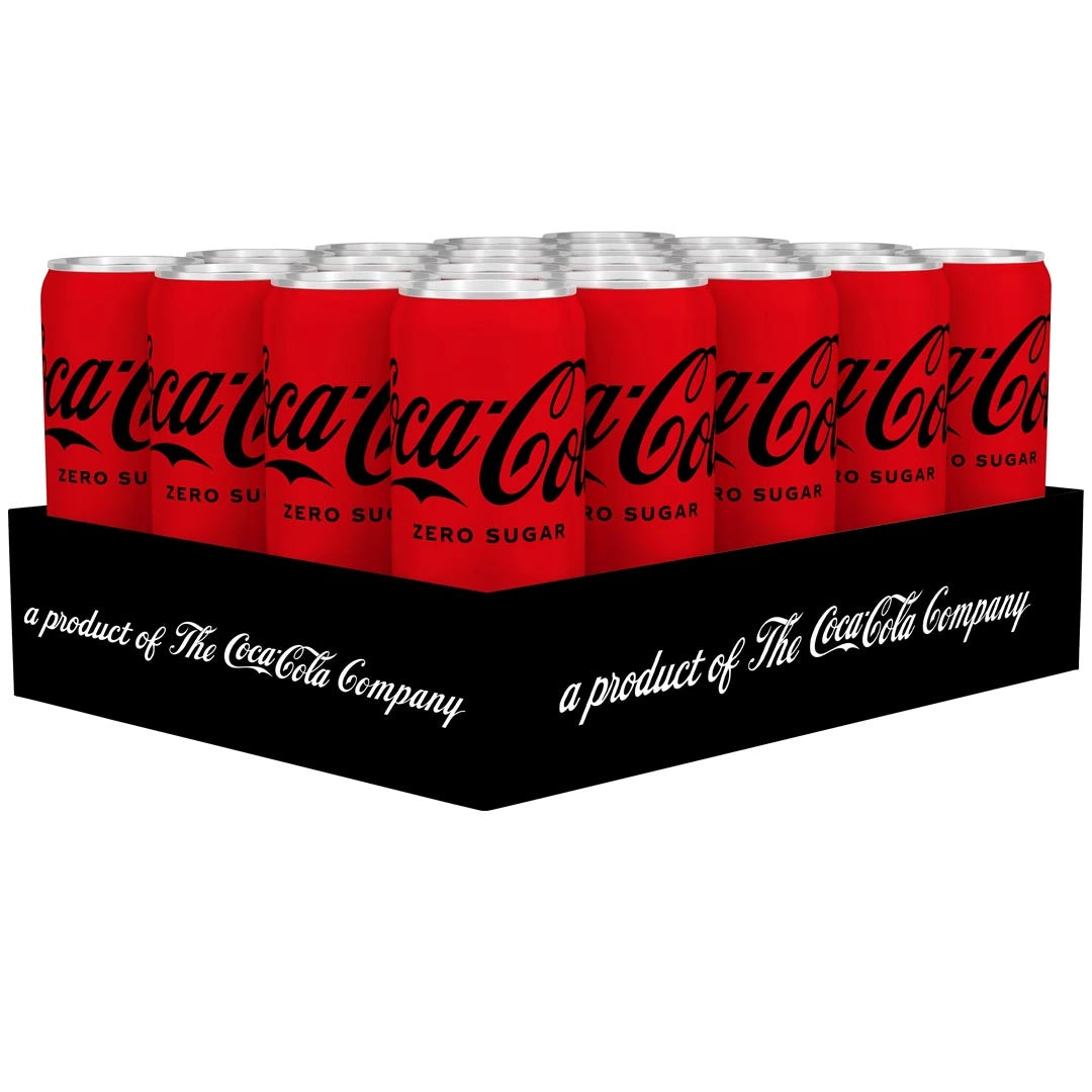 20 x Coca-Cola Zero 330 ml sockerfri läsk i röda burkar med svarta detaljer förpackade i ett svart flak.