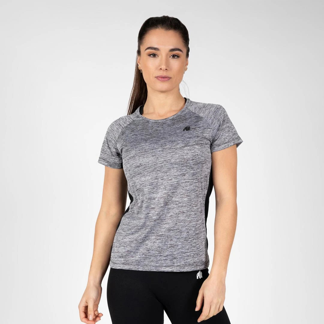 Gorilla Wear Monetta Performance T-Shirt Grey Melange/Black, harmaameleerattu treenipaita naisen yllä., kuva 2/5