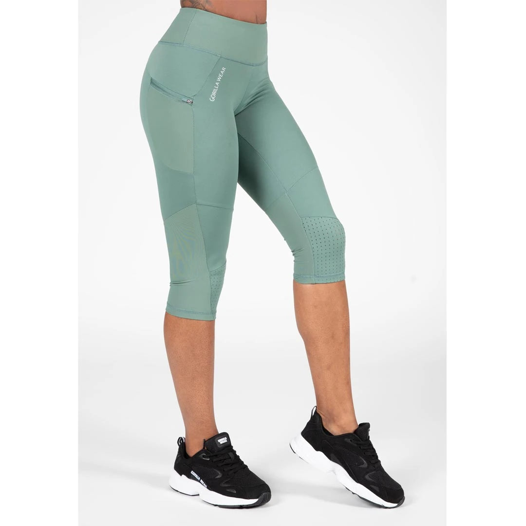Vihreät, korkeavyötäröiset Gorilla Wear Monroe Cropped Leggings Army Green -treenitrikoot sivutaskulla., kuva 3/4