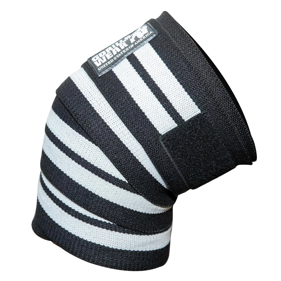 Gorilla Wear Knee Wraps 2 m Black/White -mustavalkoraitaiset joustavat polvisiteet, joissa on tarranauhakiinnitys., kuva 1/1