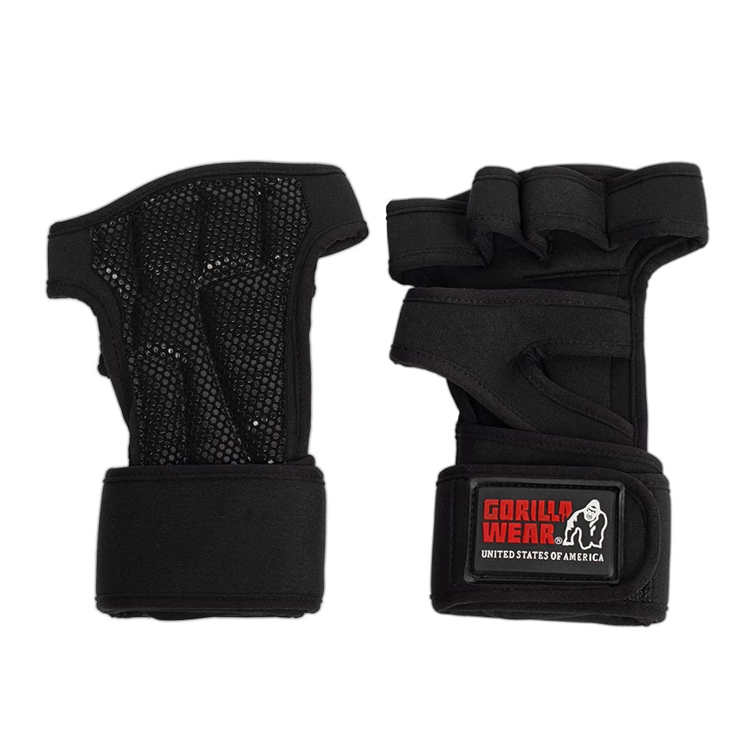 Mustat Gorilla Wear Yuma Weightlifting Workout Gloves Black -treenihanskat pitävällä kämmenosalla ja rannetuella.