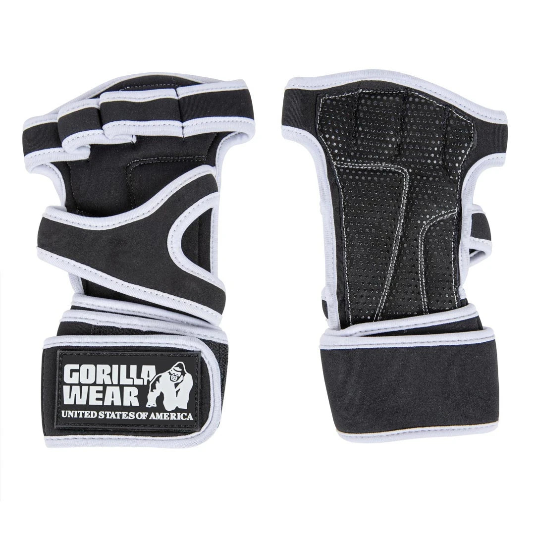 Gorilla Wear Yuma Weightlifting Workout Gloves Black/White, mustat treenihanskat valkoisilla yksityiskohdilla.