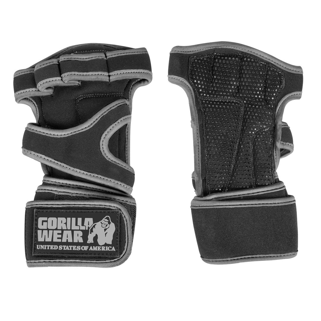 Gorilla Wear Yuma Weightlifting Workout Gloves Black/Grey, hengittävät mustat treenihanskat rannetuella.