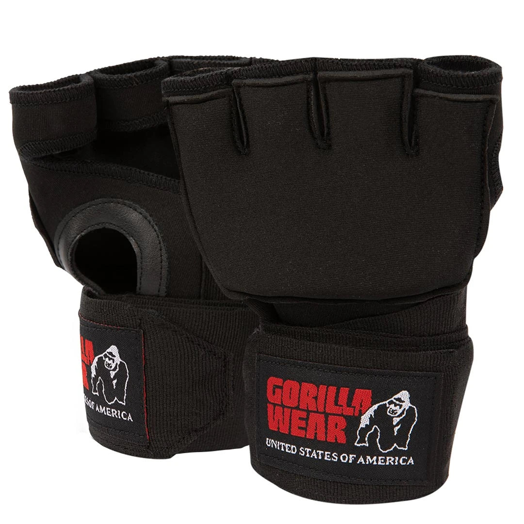 Mustat Gorilla Wear Gel Glove Wraps punaisella logolla ja rannetuella nyrkkeilyyn ja kamppailulajeihin.