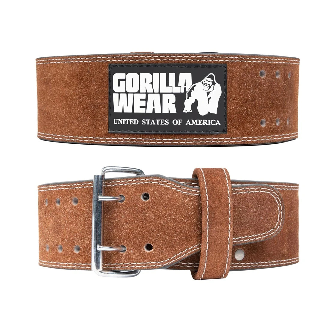 Ruskea nahkainen Gorilla Wear 4 Inch Powerlifting Belt Brown -treenivyö terässoljella.
