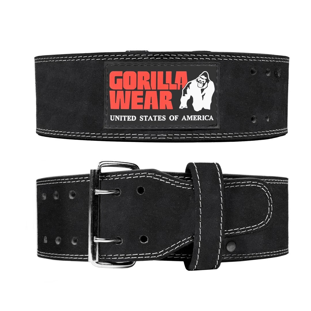 Musta nahkainen Gorilla Wear 4 Inch Powerlifting Belt -painonnostovyö, jossa on solki ja punainen logo.
