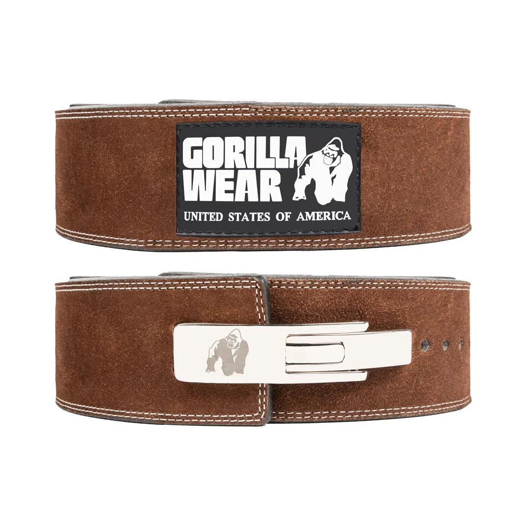 Tukeva ruskea nahkainen Gorilla Wear 4 Inch Powerlifting Lever Belt Brown -voimanostovyö pikalukolla.