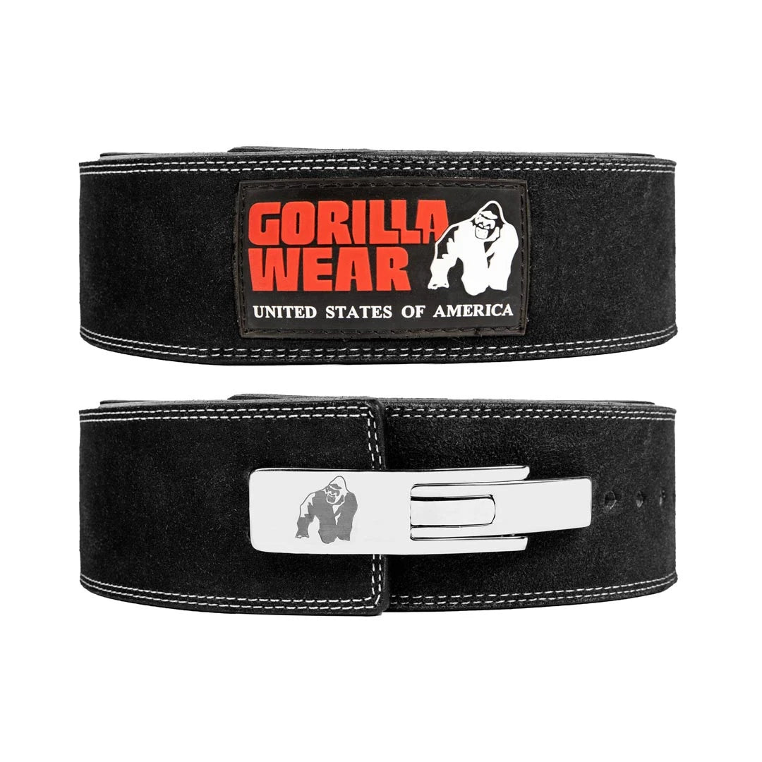 Musta nahkainen Gorilla Wear 4 Inch Powerlifting Lever Belt Black, jossa valkoiset tikkaukset ja hopeinen pikalukko.