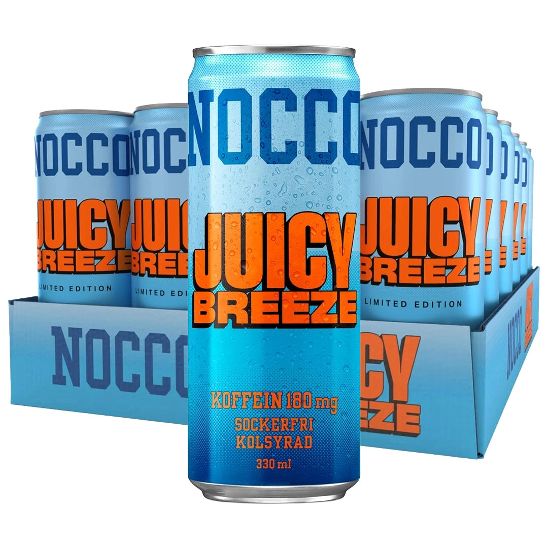 24 x NOCCO BCAA 330 ml Juicy Breeze -energiajuomatölkkejä vaaleansinisessä laatikossa oranssilla tekstillä.