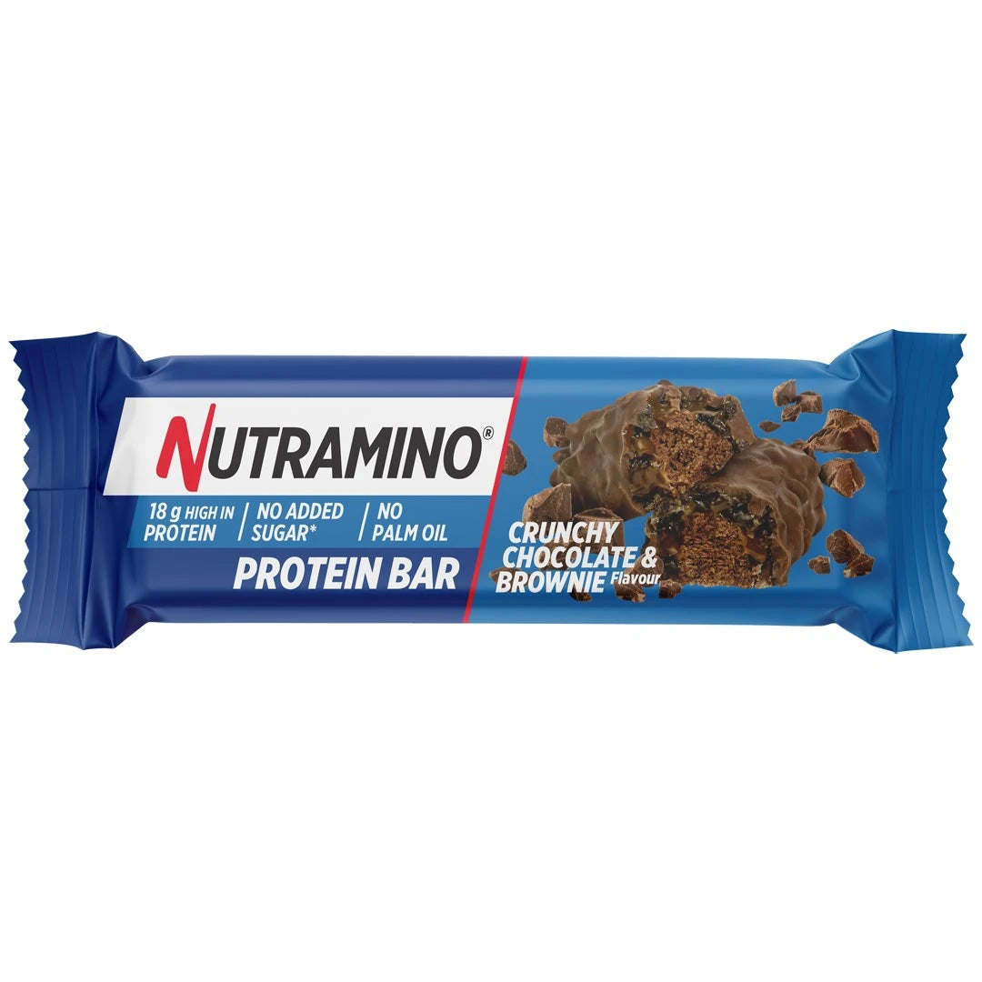 Nutramino Protein Bar 55 g -proteiinipatukka sinisessä pakkauksessa, makuna Chocolate Brownie.