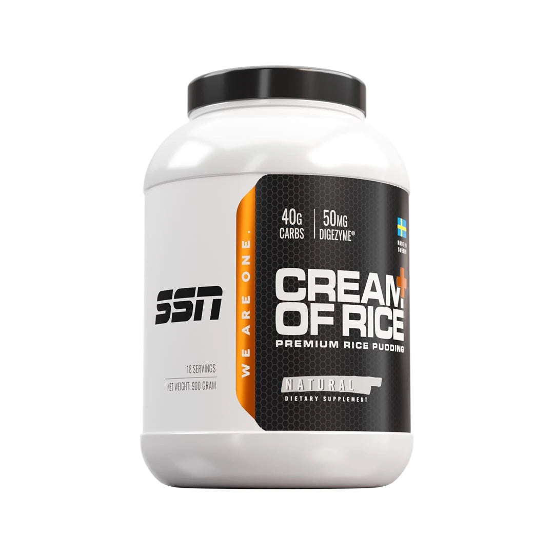 SSN Cream of Rice+ 900 g valkoisessa purkissa musta-oranssilla etiketillä, makuna Natural.