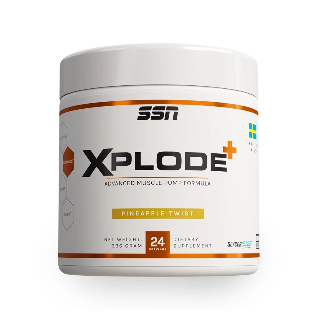 Kofeiiniton SSN Xplode+ 336 g PWO valkoisessa purkissa oransseilla yksityiskohdilla, makuna Pineapple Twist.