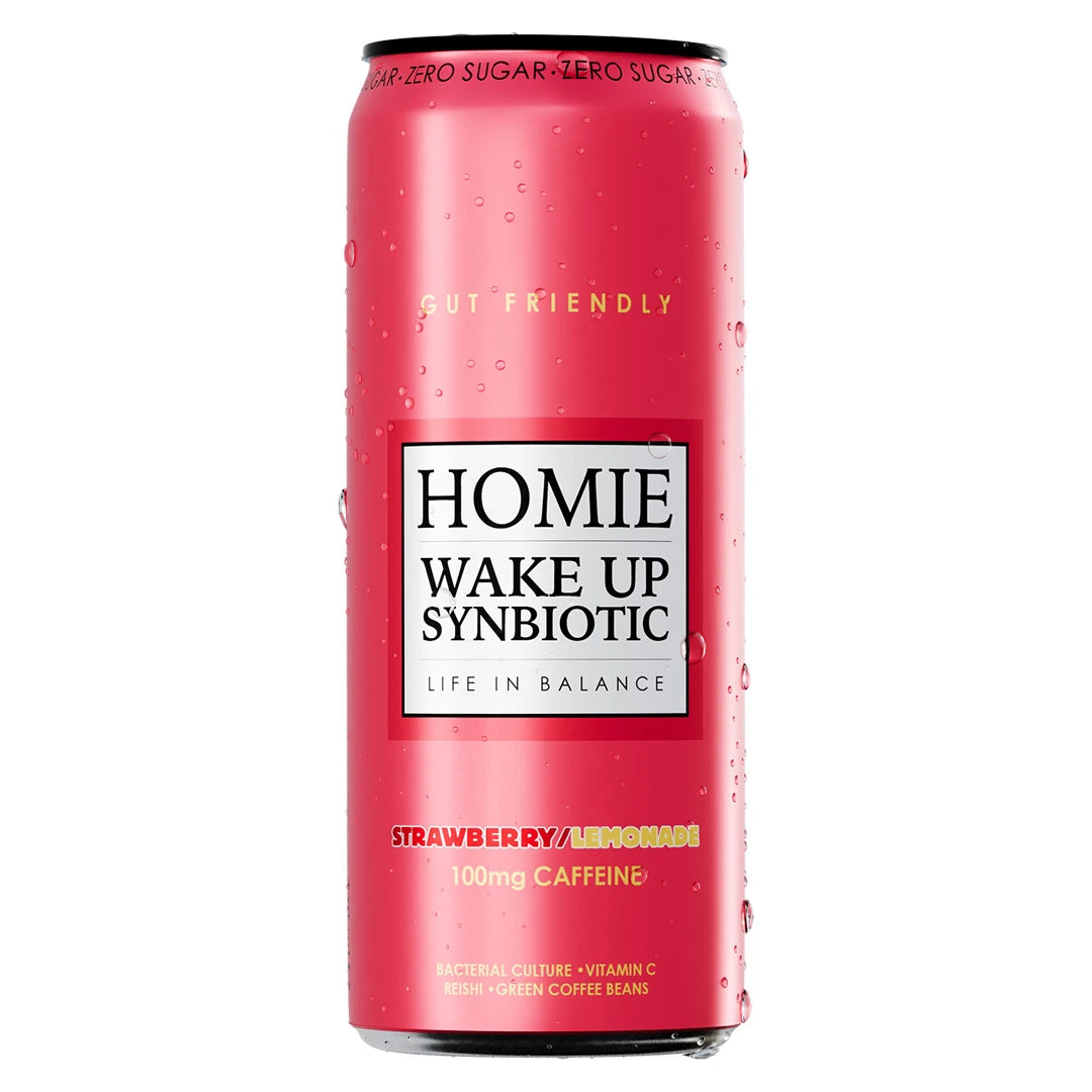 Homie Wake Up Synbiotic 330 ml -energiajuoma vaaleanpunaisessa tölkissä vesipisaroilla, makuna Strawberry Lemonade.
