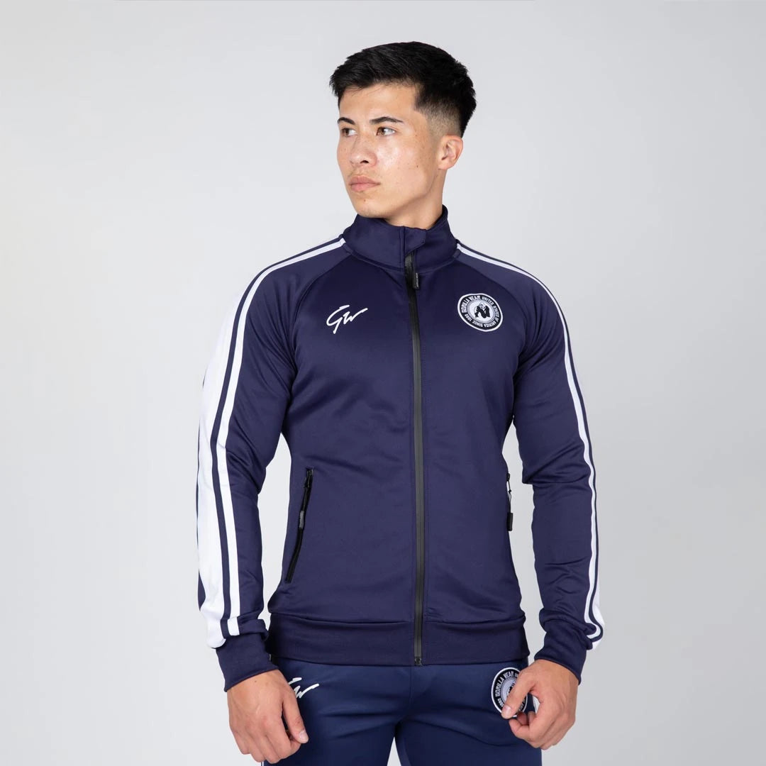 Gorilla Wear Stratford Track Jacket Navy, tummansininen slim fit -treenitakki valkoisilla raidoilla ja vetoketjulla., kuva 7/8