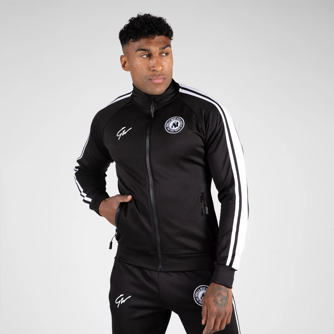 Gorilla Wear Stratford Track Jacket Black, musta vetoketjullinen treenitakki korkealla kauluksella ja valkoisilla raidoilla., kuva 5/6