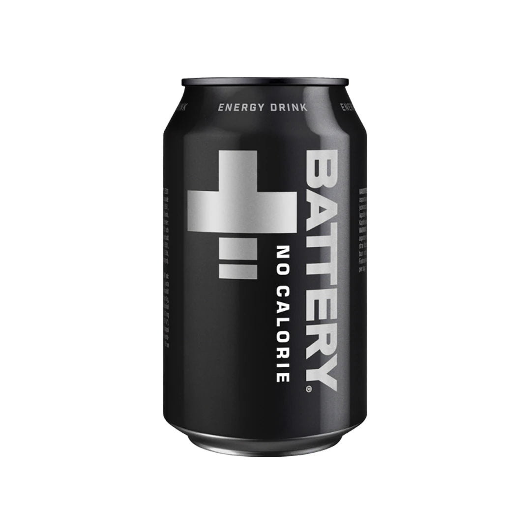 Battery Energy Drink 330 ml hiilihapotettu juoma mustassa alumiinitölkissä kultaisilla yksityiskohdilla.