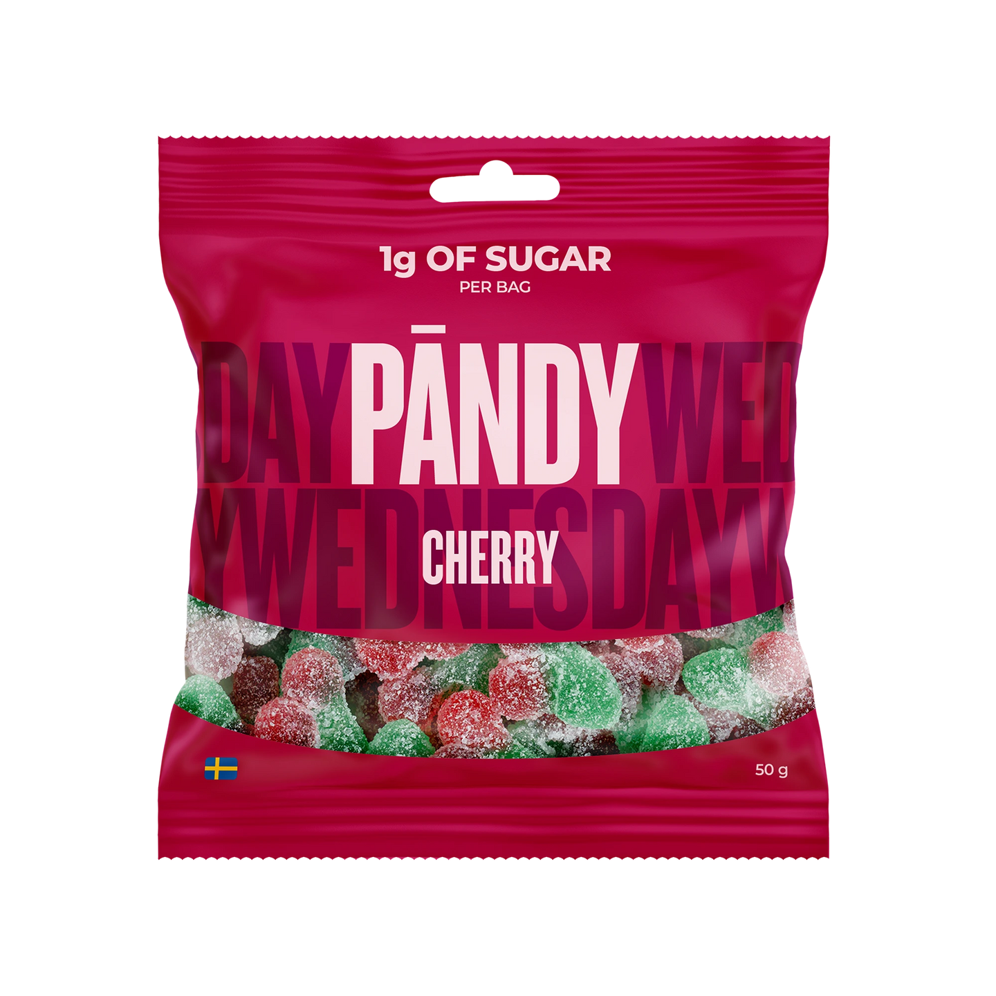 Pändy Candy 50 g Cherry by Klara vaaleanpunaisessa pussissa, joka on täytetty kirsikanmuotoisilla hyytelömakeisilla., kuva 1/1