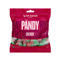 Pändy Candy 50 g Cherry by Klara vaaleanpunaisessa pussissa, joka on täytetty kirsikanmuotoisilla hyytelömakeisilla.
