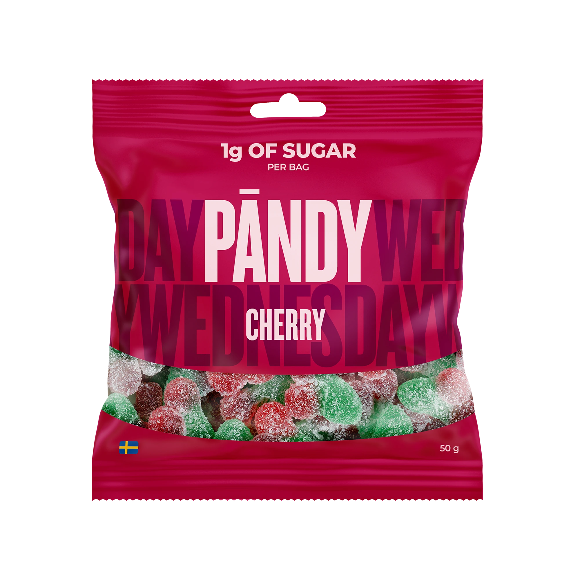 Pändy Candy 50 g Cherry by Klara vaaleanpunaisessa pussissa, joka on täytetty kirsikanmuotoisilla hyytelömakeisilla., kuva 1/1
