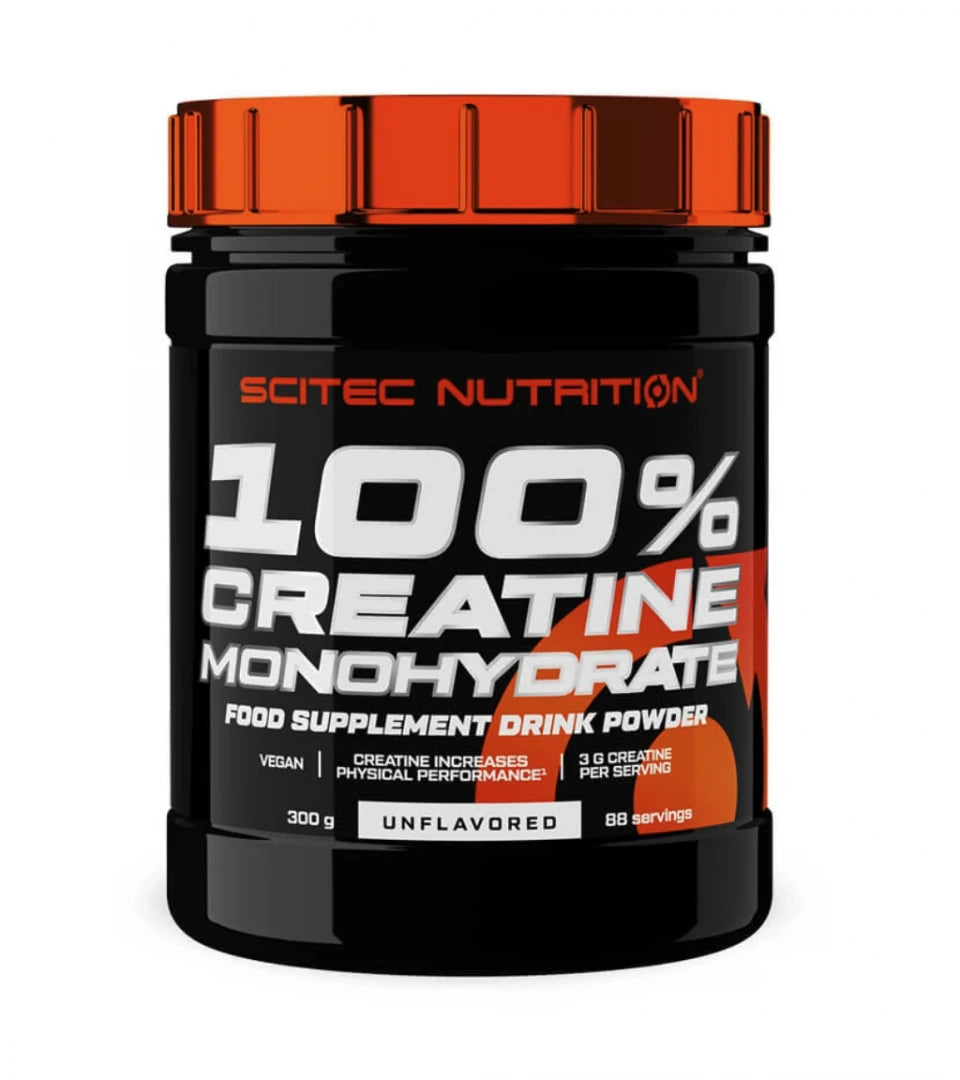 Scitec Nutrition 100% Creatine 300 g mustassa purkissa, jossa on metallinoranssi kansi ja valkoinen teksti.