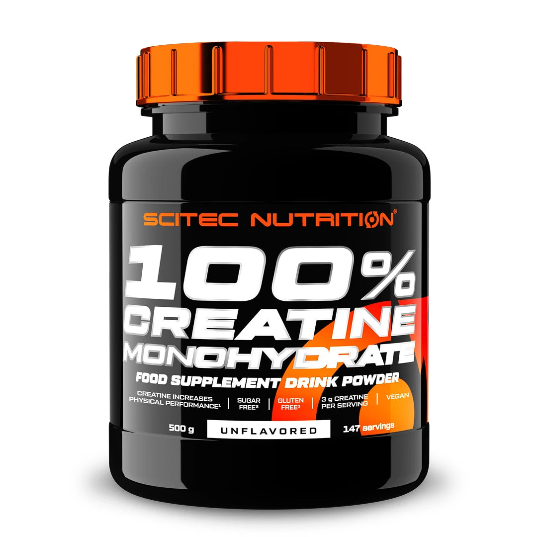 Scitec Nutrition 100% Creatine 500 g, maustamaton kreatiinijauhe mustassa purkissa, jossa on oranssi kansi.
