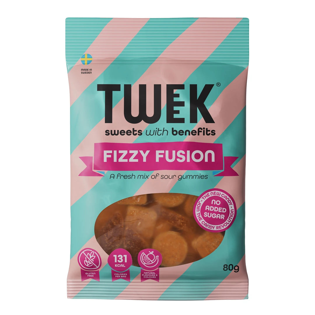Tweek Sweets 80 g -makeisia vaaleansini- ja vaaleanpunaraidallisessa pussissa, makuna Fizzy Fusion.