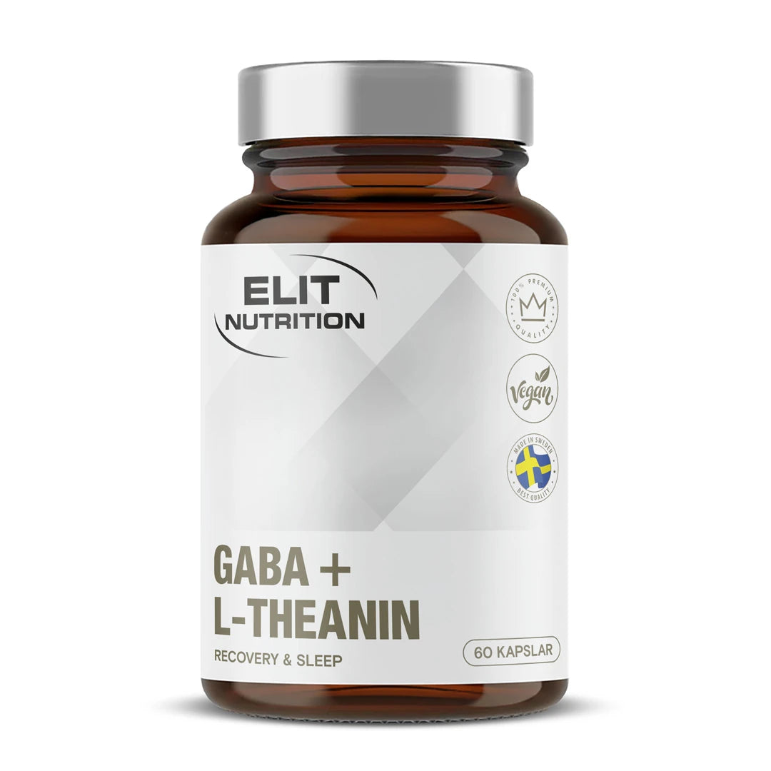 Elit Nutrition GABA + L-Theanine 60 caps tummanruskeassa purkissa, jossa on valkoinen etiketti ja hopeinen kansi.