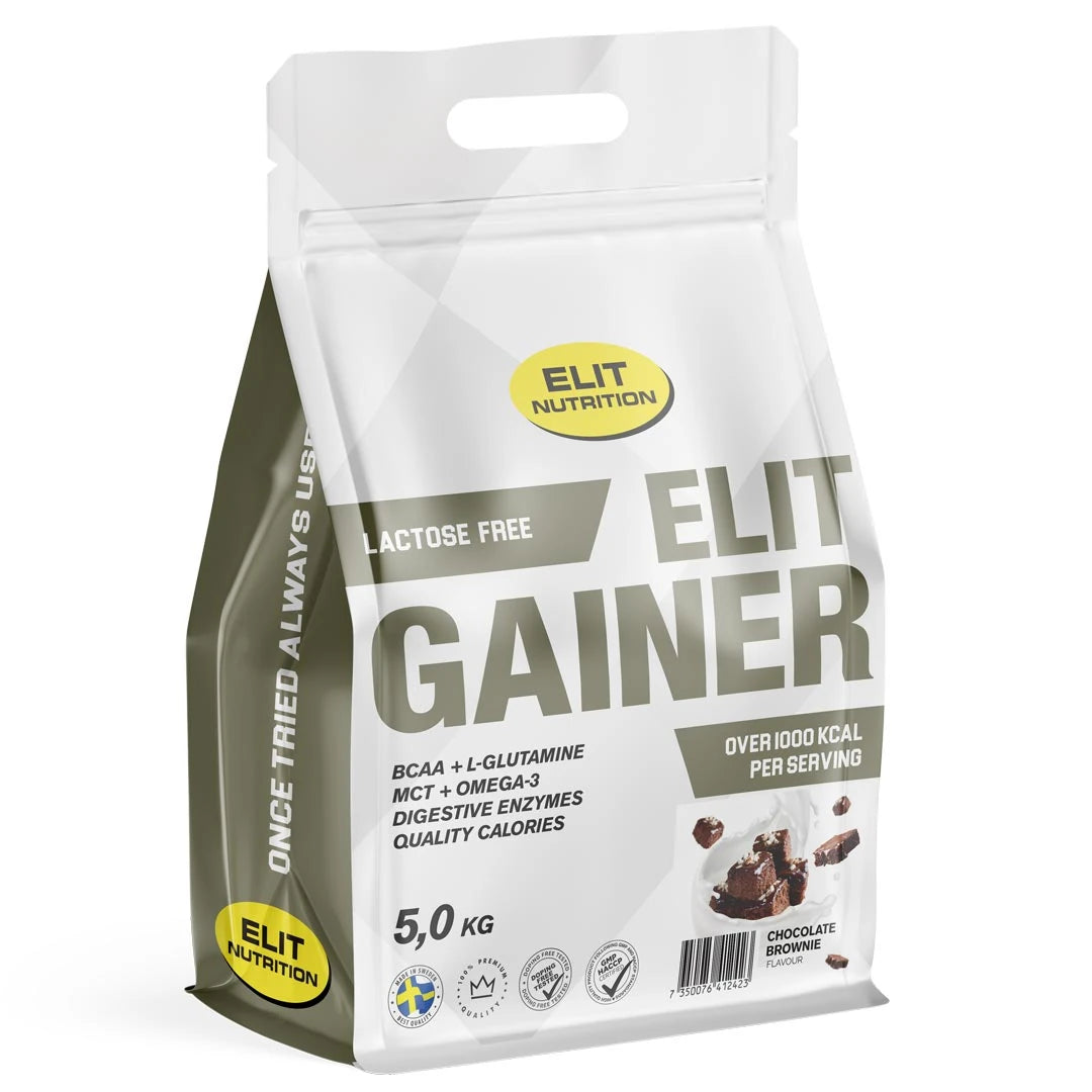 Elit Nutrition Gainer - Lactose Free 5 kg valko-harmaassa pussissa, makuna Chocolate Brownie.