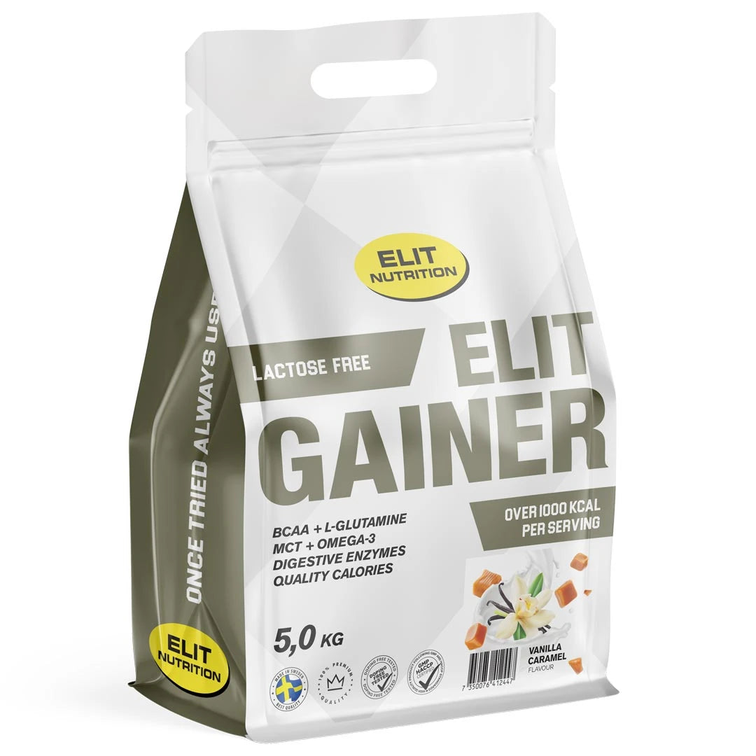 Elit Nutrition Gainer Lactose Free 5 kg valko-harmaassa pussissa, makuna Vanilla Caramel.
