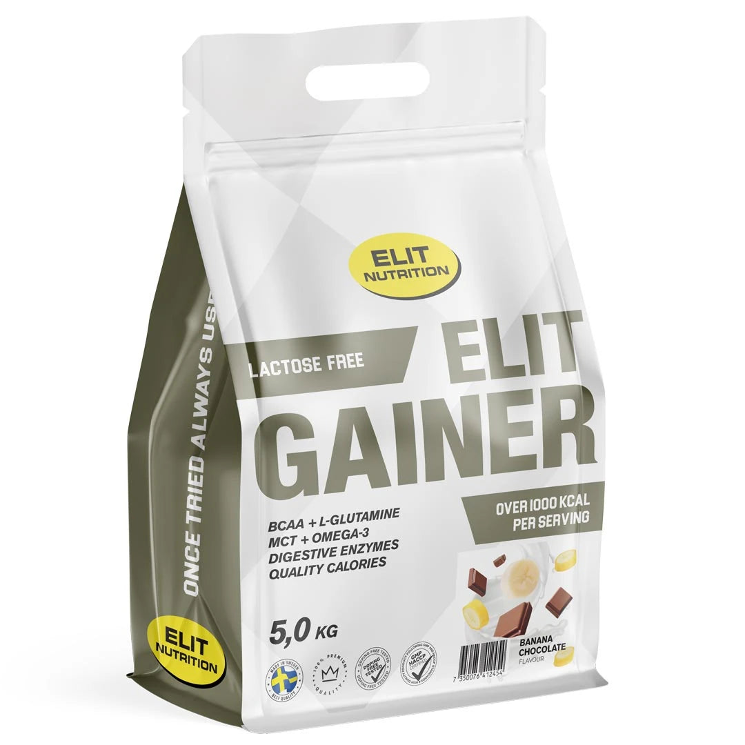 Valkoinen, uudelleensuljettava pussi Banana Chocolate -makuista Elit Nutrition Gainer Lactose Free 5 kg -jauhetta.
