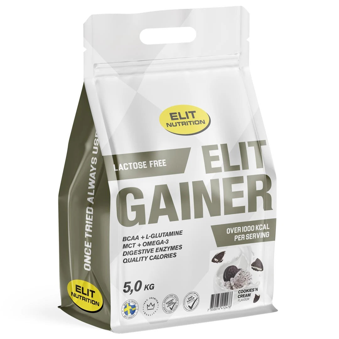 Valkoinen pussi Elit Nutrition Gainer - Lactose Free 5 kg -jauhetta maussa Cookies'n Cream.