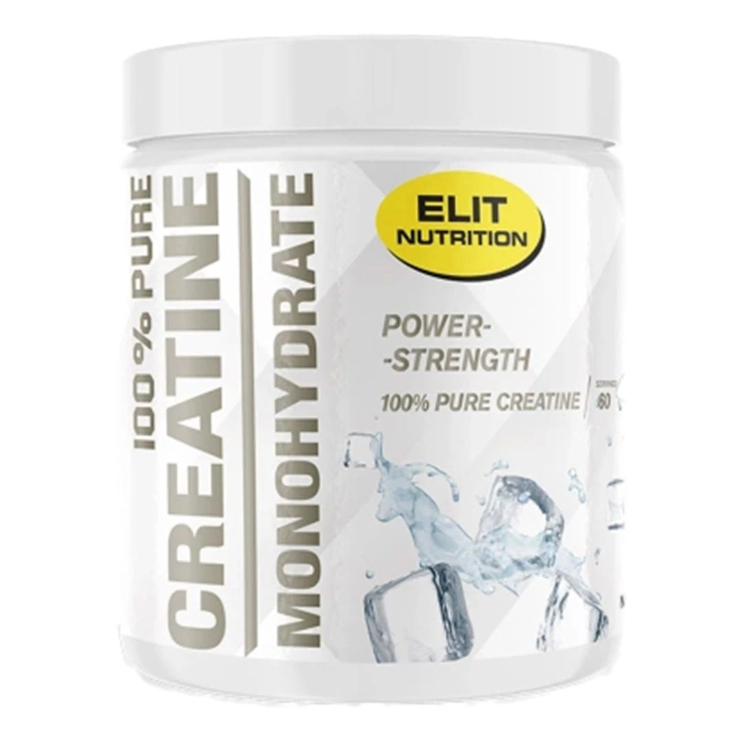 Elit Nutrition 100% Pure Creatine Monohydrate 300 g valkoisessa purkissa, jonka etiketissä on harmaa teksti ja jääpaloja.