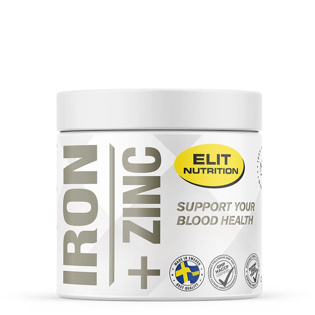 Elit Nutrition Iron + Zinc 60 caps -kivennäisainelisä valkoisessa muovipurkissa, jossa on harmaa teksti ja keltainen logo.