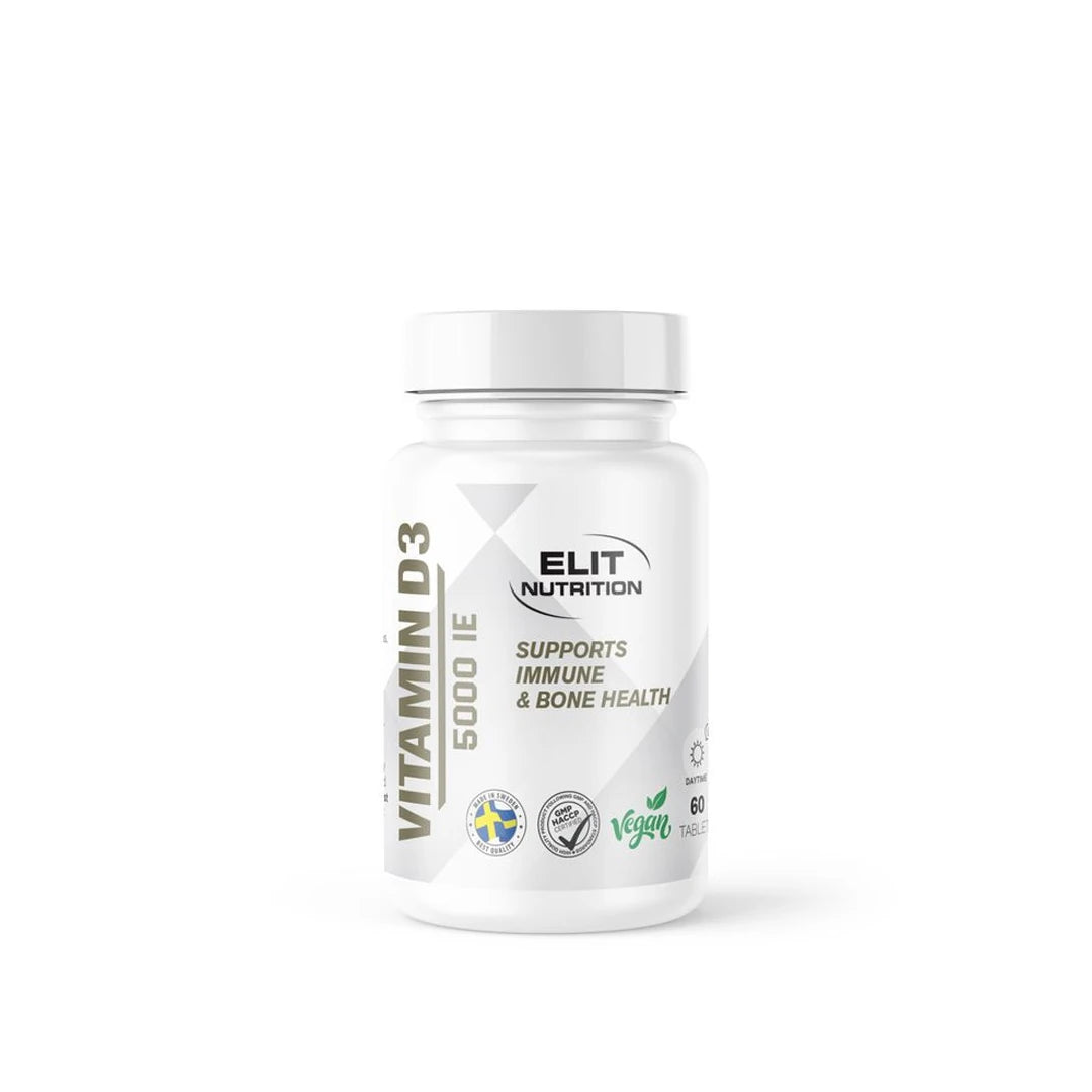 Elit Nutrition Vitamin D 60 tabs valkoisessa muovipurkissa tyylikkäällä etiketillä immuuni- ja luustoterveydelle.